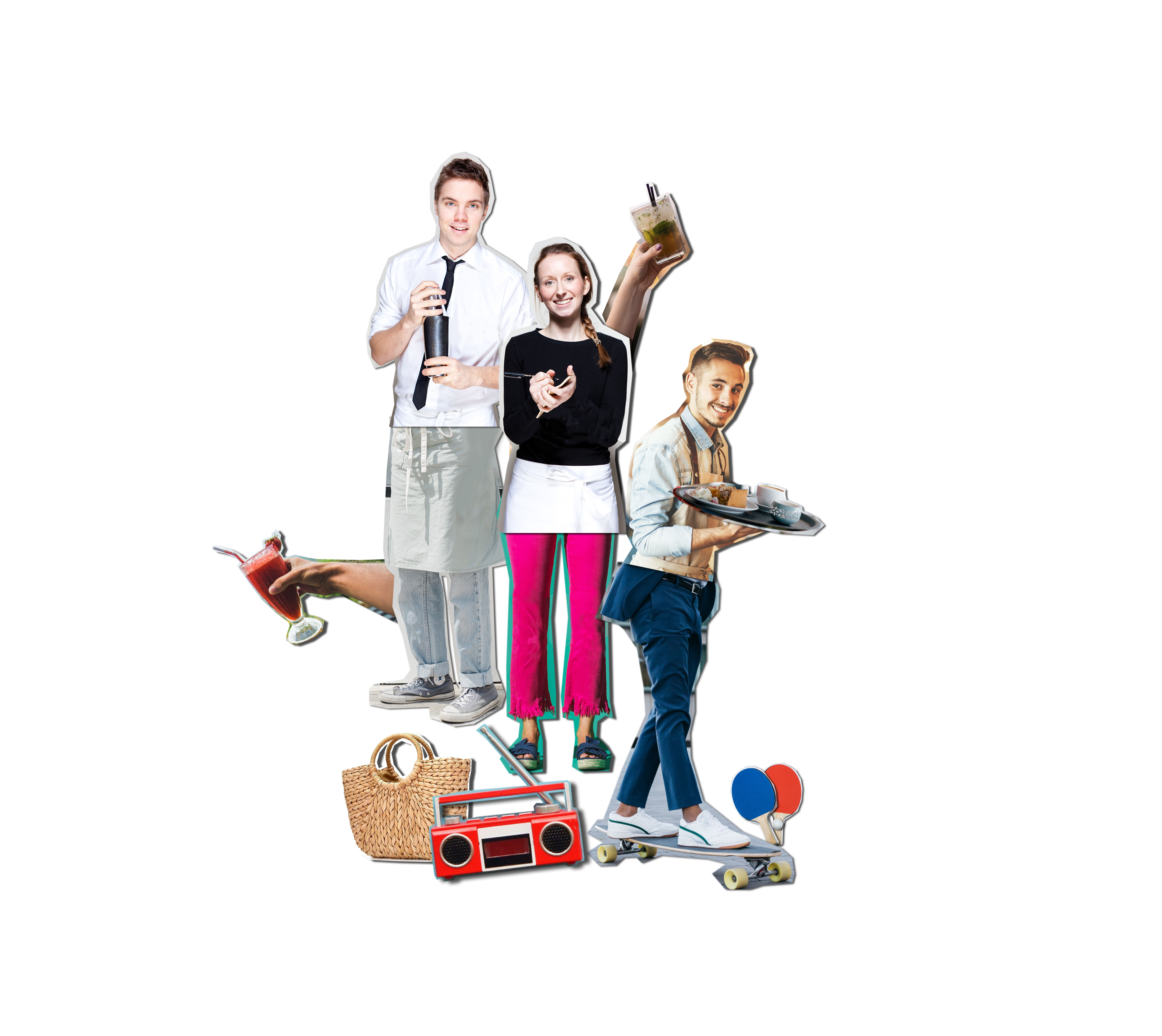 Alunos do Curso de Empregado de Restaurante/Bar com vários cocktails e bandeja